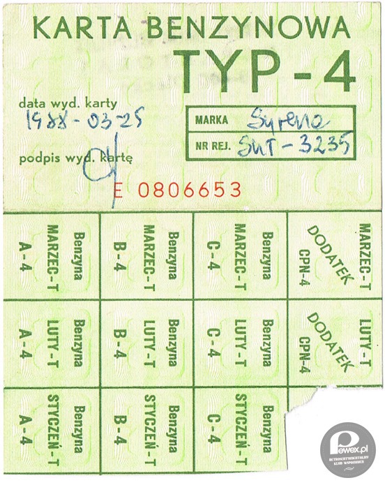 Karta Benzynowa TYP-4 – 1988 r. 