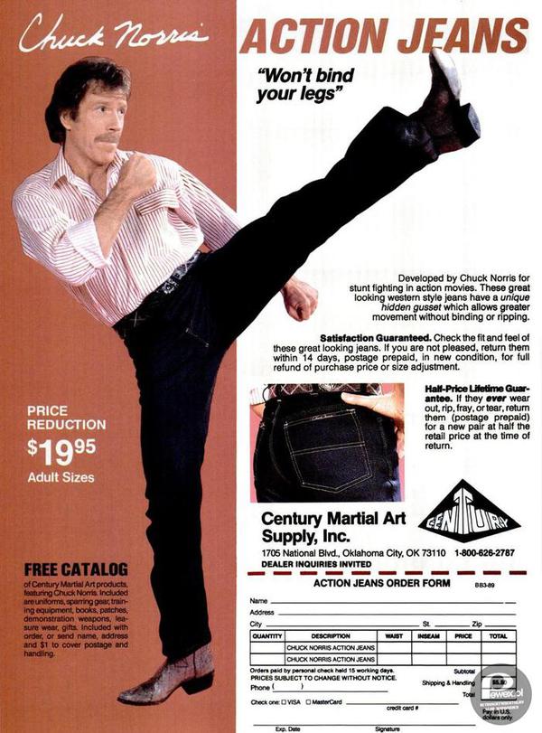 Chuck Norris Action Jeans – “Won’t bind your legs” – Marzenie każdego mena lat 80&apos;tych. Niedostępne nawet w Pewexie:) 
