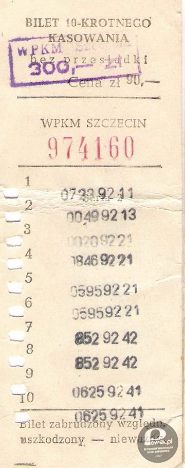 Kartonikowy bilet dziesięcioprzejazdowy z 1989 r. –  