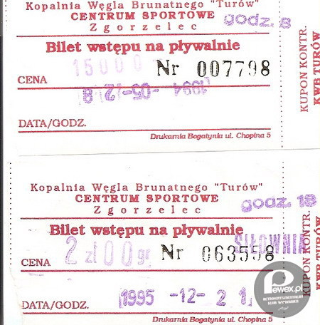 Bilet wstępu – na pływalnię z 28-05-1994 i 21-12-1995 