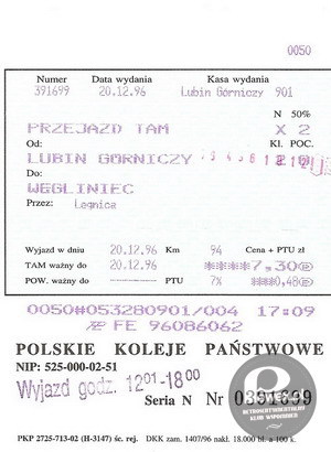 Bilet PKP – z 20.12.1996r 