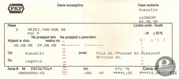 Bilet PKP – z 29.08.1998r 