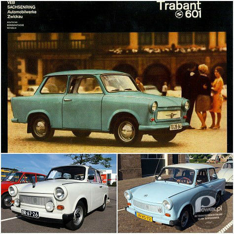 Trabant 601 – Najbardziej popularna wersja Trabanta produkowana była przez 26 lat. Nowy model posiadał zmienione całkowicie nadwozie, które bardziej kwadratowe nawiązywało do stylistyki aut zachodnich. Początkowo produkowano go z silnikiem o pojemności 594 cm³ i mocy 23 KM. Z biegiem czasu silnik wzmocniono do mocy 26 KM. Produkowany był jedynie z nadwoziem limuzyna (wersja „Universal”, tj. kombi była wówczas dostępna jedynie w modelu P600). W 1965 roku wprowadzono 601 kombi, dzięki czemu pojemność bagażnika wzrosła do 1400 litrów. 